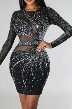 Rhinestone Flirty Mesh Patchwork Mini Dress