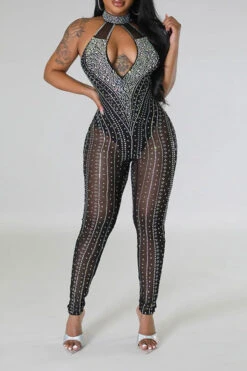 Rhinestone Striking Cutout See-Through Jumpsuit -Clothing Outlet Store C23051117 BK 1