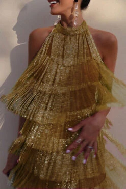 Solid Color Romantic Tiered Tassel Mini Dress -Clothing Outlet Store C23051134 GO 1