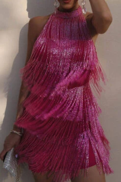 Solid Color Romantic Tiered Tassel Mini Dress -Clothing Outlet Store C23051134 RR 4