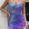 Sequined Luxe Feather Hem Belted Mini Dress