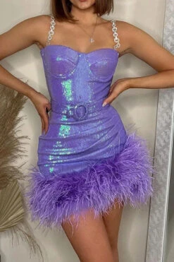 Sequined Luxe Feather Hem Belted Mini Dress 12 Sequined Luxe Feather Hem Belted Mini Dress -Clothing Outlet Store C23051136 BL 4