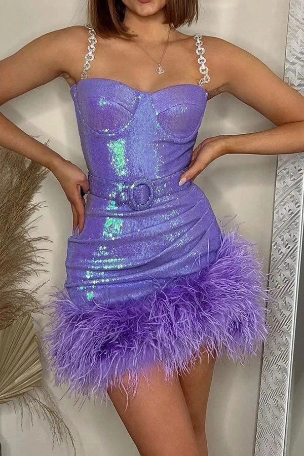 Sequined Luxe Feather Hem Belted Mini Dress 4 Sequined Luxe Feather Hem Belted Mini Dress - Image 4
