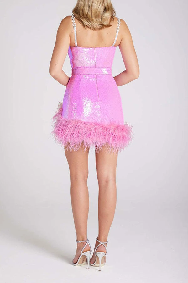 Sequined Luxe Feather Hem Belted Mini Dress 9 Sequined Luxe Feather Hem Belted Mini Dress - Image 9