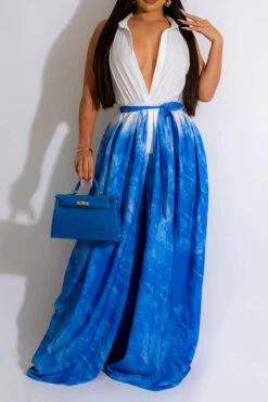 Tie Dye Pretty Belted Wide Leg Jumpsuit -Clothing Outlet Store C23051138 BL 1