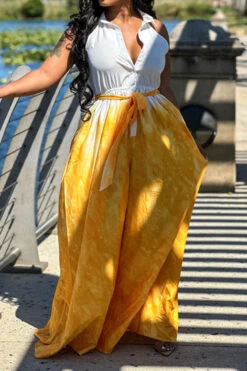 Tie Dye Pretty Belted Wide Leg Jumpsuit -Clothing Outlet Store C23051138 YE 3