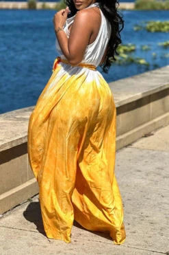 Tie Dye Pretty Belted Wide Leg Jumpsuit -Clothing Outlet Store C23051138 YE 4