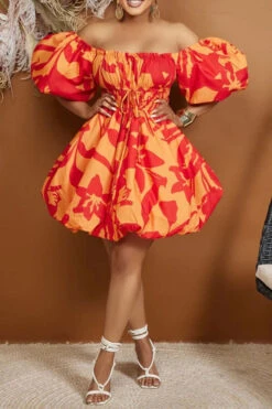 Floral Print Girly Lace-Up Bubble Mini Dress