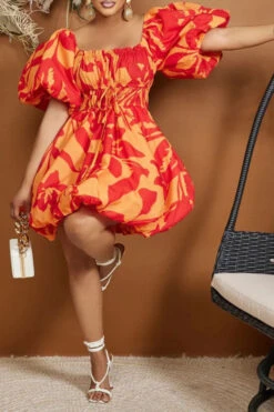 Floral Print Girly Lace-Up Bubble Mini Dress -Clothing Outlet Store C23051145 RE 3