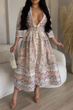 Abstract Print Patchwork Retro Belted Midi Dress