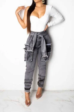 Solid Color Cool Lace-Up Multi Pocket Jeans