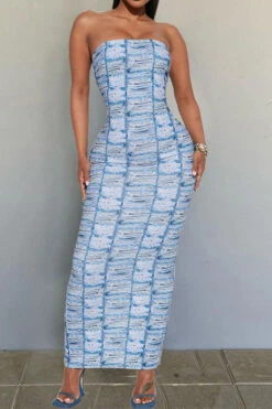 Denim Print Simple Bandeau Maxi Dress