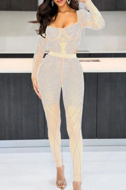 Rhinestone Patchwork Feminine Side Cutout Jumpsuit -Clothing Outlet Store C23051232 AP 1