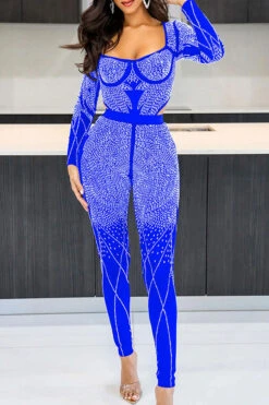 Rhinestone Patchwork Feminine Side Cutout Jumpsuit -Clothing Outlet Store C23051232 BL 1