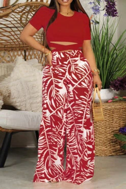 Leaf Print Stunning Strappy Pant Suit -Clothing Outlet Store C23051276 RE 1