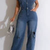 Ripped Retro Wide Leg Denim Jumpsuit