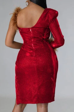 Feather Trim Shimmery High Split Irregular Midi Dress 9 Feather Trim Shimmery High Split Irregular Midi Dress -Clothing Outlet Store C23053129 RE 2