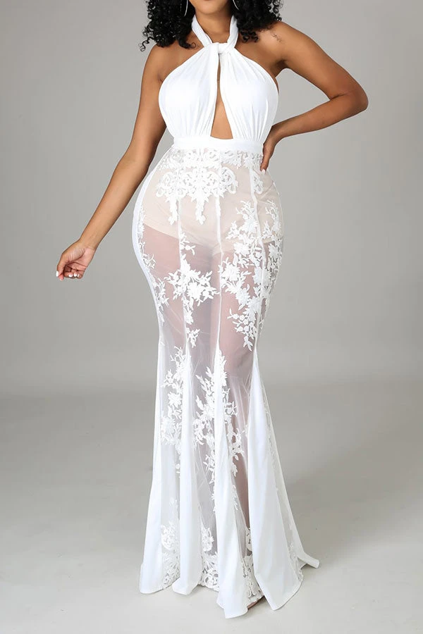 Lace Patchwork Glamorous Halter Collar Maxi Dress 1 Lace Patchwork Glamorous Halter Collar Maxi Dress