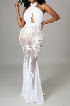 Lace Patchwork Glamorous Halter Collar Maxi Dress 6 Lace Patchwork Glamorous Halter Collar Maxi Dress -Clothing Outlet Store C23053149 WH 3