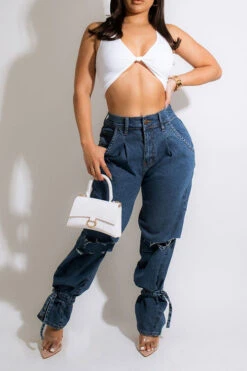 Solid Color Ripped Stylish Strappy Jeans