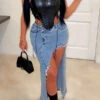 Solid Color Hot High Split Irregular Denim Skirt