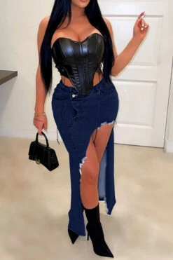 Solid Color Hot High Split Irregular Denim Skirt -Clothing Outlet Store C23053166 NB 1