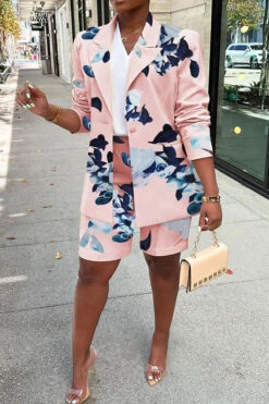 Floral Print Peak Lapel Elegant Pant Suit