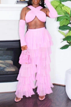 Solid Color Cross Halter Flirty Tiered Pant Suit -Clothing Outlet Store C23053192 PI 1