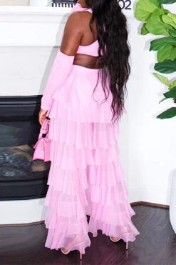 Solid Color Cross Halter Flirty Tiered Pant Suit