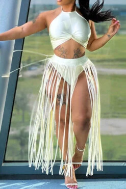 Solid Color Twisted Unique Tassel Bikini