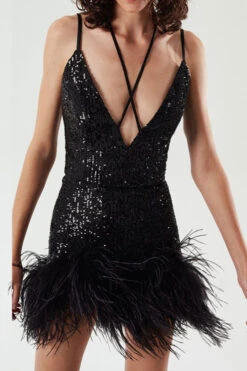 Sequined Luxe Lace-Up Feather Hem Mini Dress -Clothing Outlet Store C23060235 BK 3