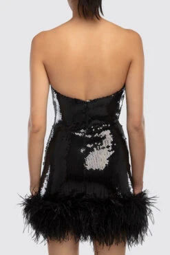 Sequined Glamorous Feather Hem Mini Dress -Clothing Outlet Store C23060236 BK 3