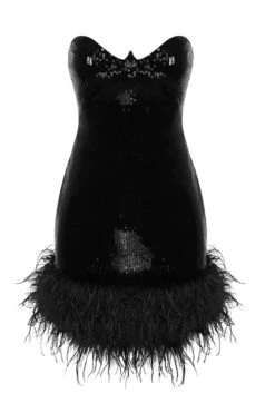 Sequined Glamorous Feather Hem Mini Dress -Clothing Outlet Store C23060236 BK 4