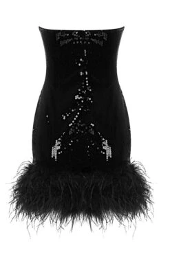 Sequined Glamorous Feather Hem Mini Dress -Clothing Outlet Store C23060236 BK 5
