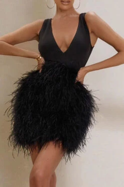 Feather Patchwork Unique Tie Back Mini Dress 7 Feather Patchwork Unique Tie Back Mini Dress -Clothing Outlet Store C23060237 BK 4