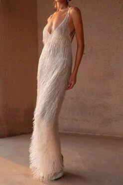 Solid Color Tassel Striking Backless Maxi Dress -Clothing Outlet Store C23060255 WH 4