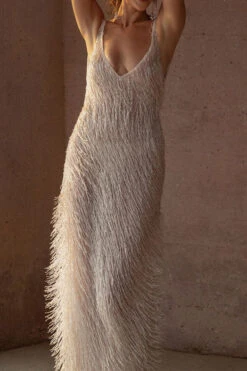 Solid Color Tassel Striking Backless Maxi Dress -Clothing Outlet Store C23060255 WH 5