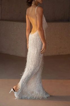 Solid Color Tassel Striking Backless Maxi Dress -Clothing Outlet Store C23060255 WH 6