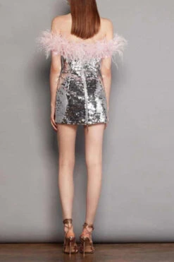 Feather Trim Off Shoulder Pretty Sequined Mini Dress -Clothing Outlet Store C23060270 SI 3