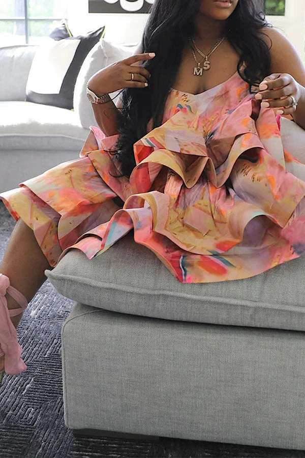 Abstract Print Sweet Tiered Ruffle Mini Dress 2 Abstract Print Sweet Tiered Ruffle Mini Dress - Image 2