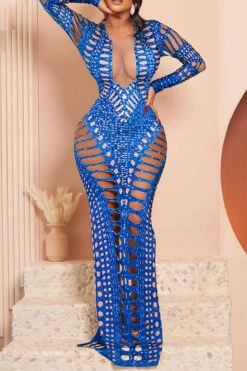 Rhinestone Print Whimsical Hollow-Out Maxi Dress 17 Rhinestone Print Whimsical Hollow-Out Maxi Dress -Clothing Outlet Store C23060552 BL 1