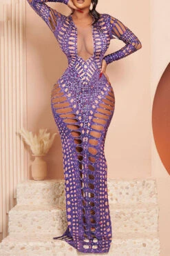 Rhinestone Print Whimsical Hollow-Out Maxi Dress