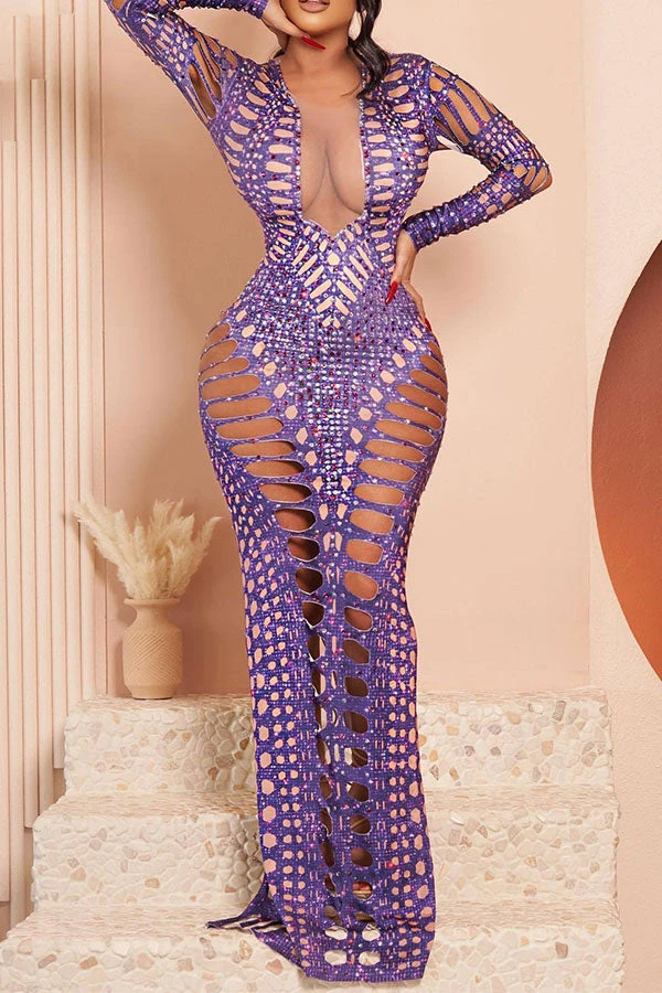 Rhinestone Print Whimsical Hollow-Out Maxi Dress 1 Rhinestone Print Whimsical Hollow-Out Maxi Dress