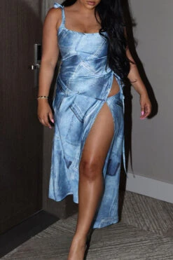 Denim Print Chic Lace-Up High Split Midi Dress