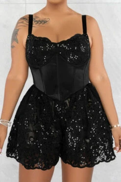 Solid Color Stunning Lace Patchwork Romper -Clothing Outlet Store C23060935 BK 1