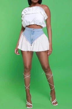 Patchwork Girly Ruffle Denim Shorts 9 Patchwork Girly Ruffle Denim Shorts -Clothing Outlet Store C23061202 WH 4