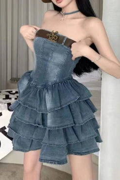 Gradient Girly Belted Tiered Ruffle Denim Mini Dress