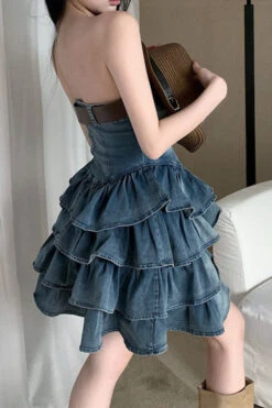 Gradient Girly Belted Tiered Ruffle Denim Mini Dress -Clothing Outlet Store C23061250 BL 3