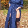 Solid Color Classic Belted Single Breasted Denim Maxi Dress