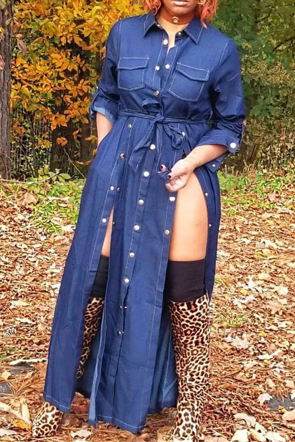 Solid Color Classic Belted Single Breasted Denim Maxi Dress 1 Solid Color Classic Belted Single Breasted Denim Maxi Dress